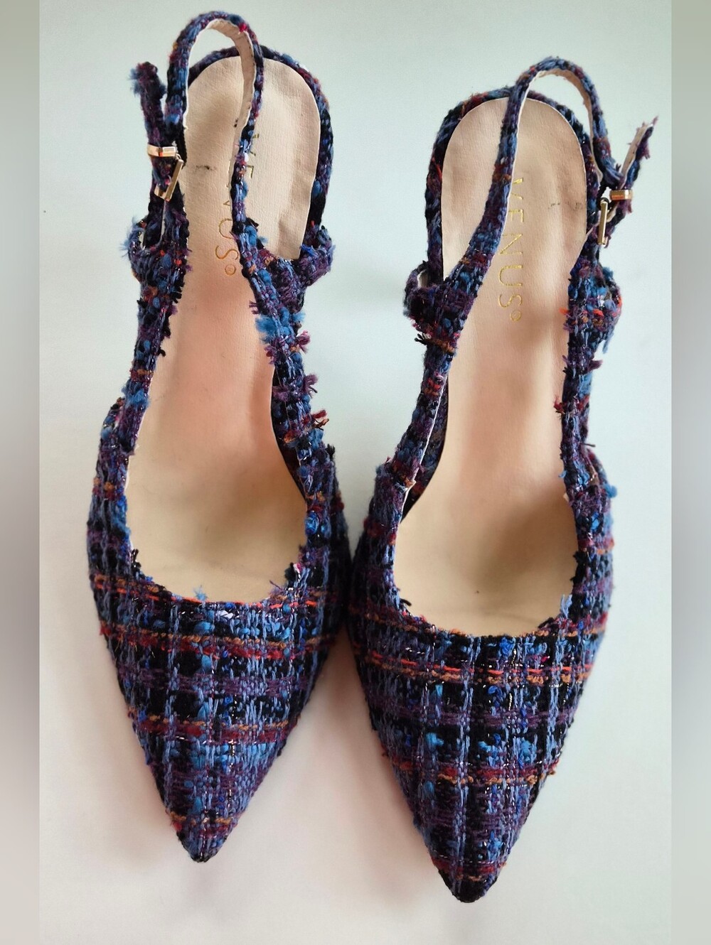 Venus - Slingback Pointed-Toe Pumps in Navy Tweed, Size 9
